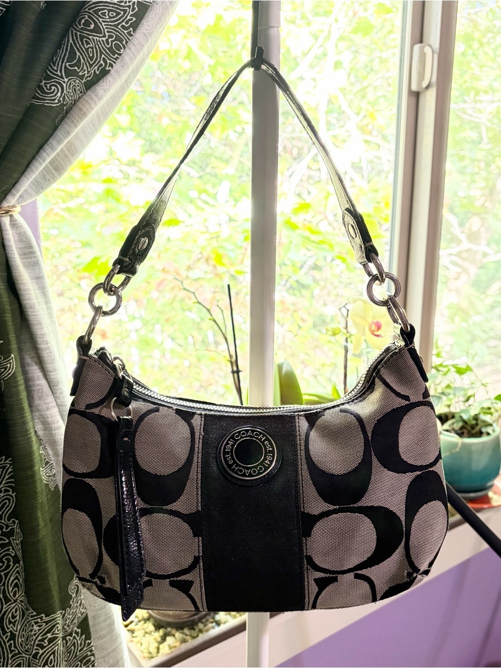 Coach Black and Gray Signature Crescent Shoulder Bag